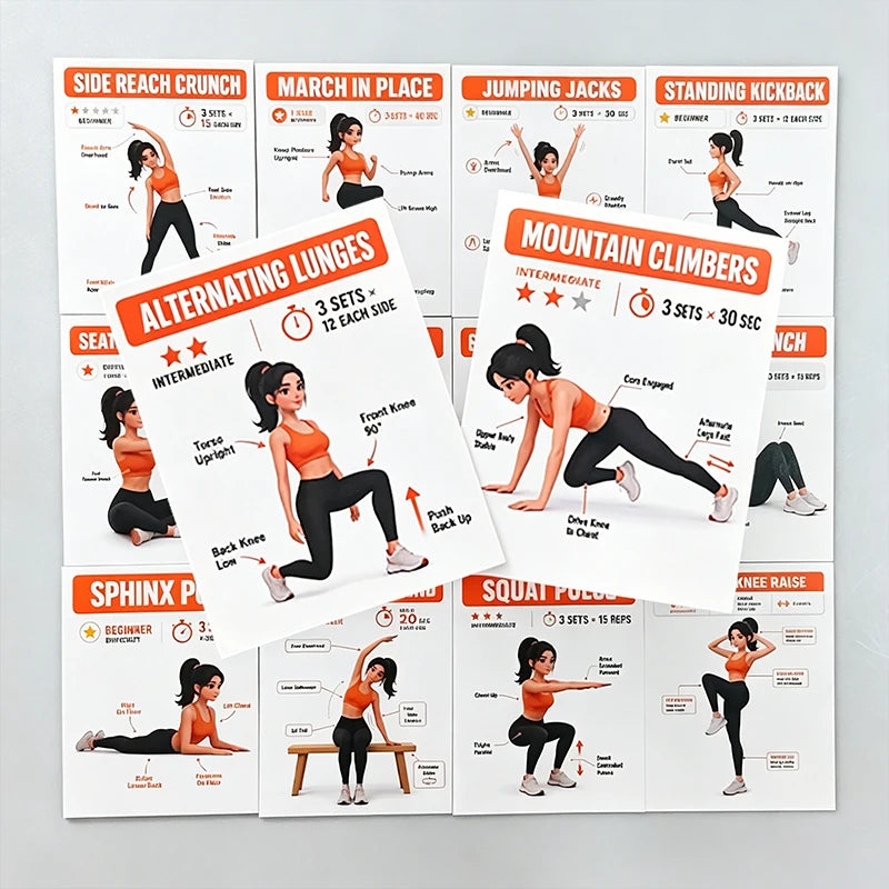 Home Workout Exercise Cards — Fitness Guide Deck for Strength Training, Core Workouts & Stretching
