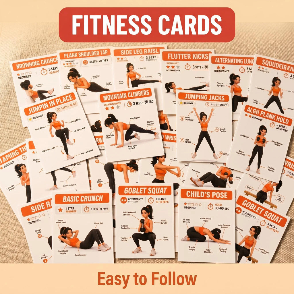 Home Workout Exercise Cards — Fitness Guide Deck for Strength Training, Core Workouts & Stretching
