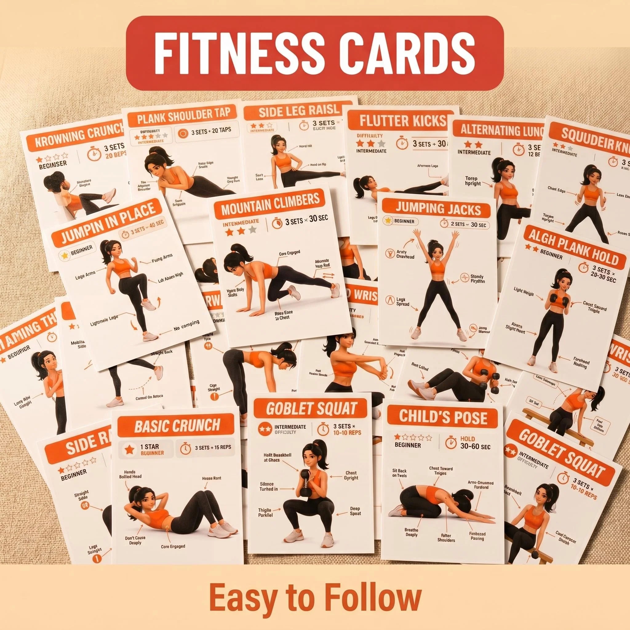 Home Workout Exercise Cards — Fitness Guide Deck for Strength Training, Core Workouts & Stretching